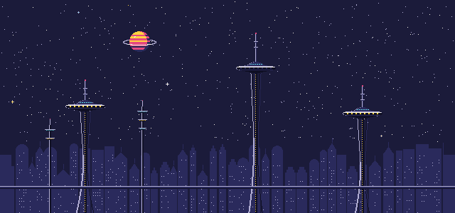 Una ciudad del futuro de noche, con torres, autos voladores y robots. Todo funciona solo y no hay nadie en la calle.