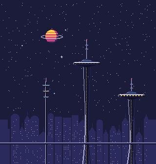 Una ciudad del futuro de noche, con torres, autos voladores y robots. Todo funciona solo y no hay nadie en la calle.