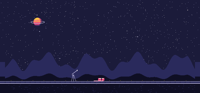 Al pie de los cerros, una persona mira las estrellas por un telescopio. Al lado hay un dado y un libro de fantasía.