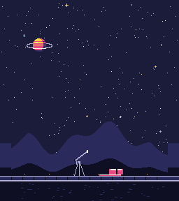 Al pie de los cerros, una persona mira las estrellas por un telescopio. Al lado hay un dado y un libro de fantasía.