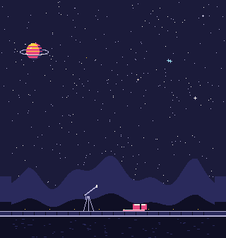 Al pie de los cerros, una persona mira las estrellas por un telescopio. Al lado hay un dado y un libro de fantasía.